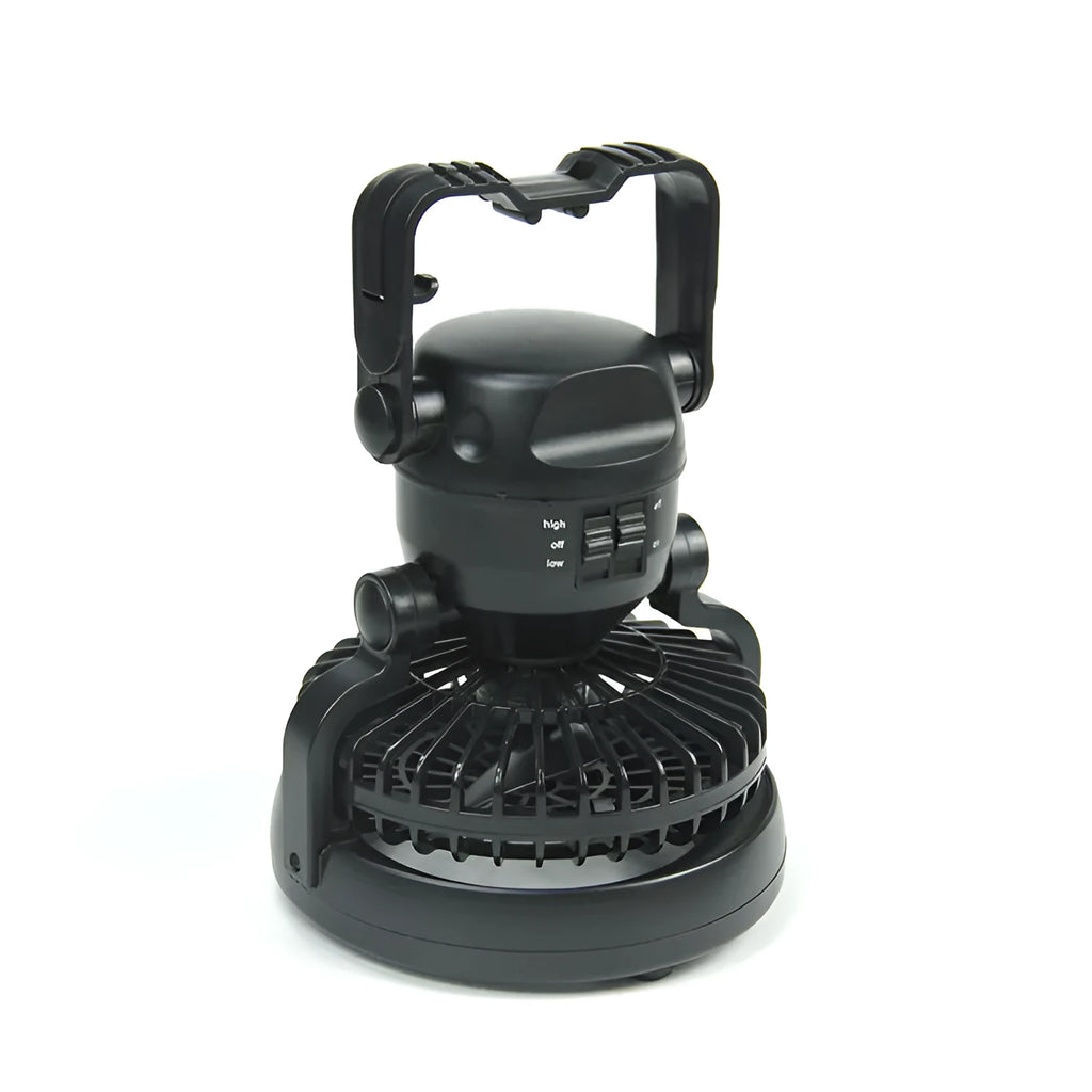 Multifunctional 18LED camping fan light in black, ABS construction, portable size 167 by 184 mm