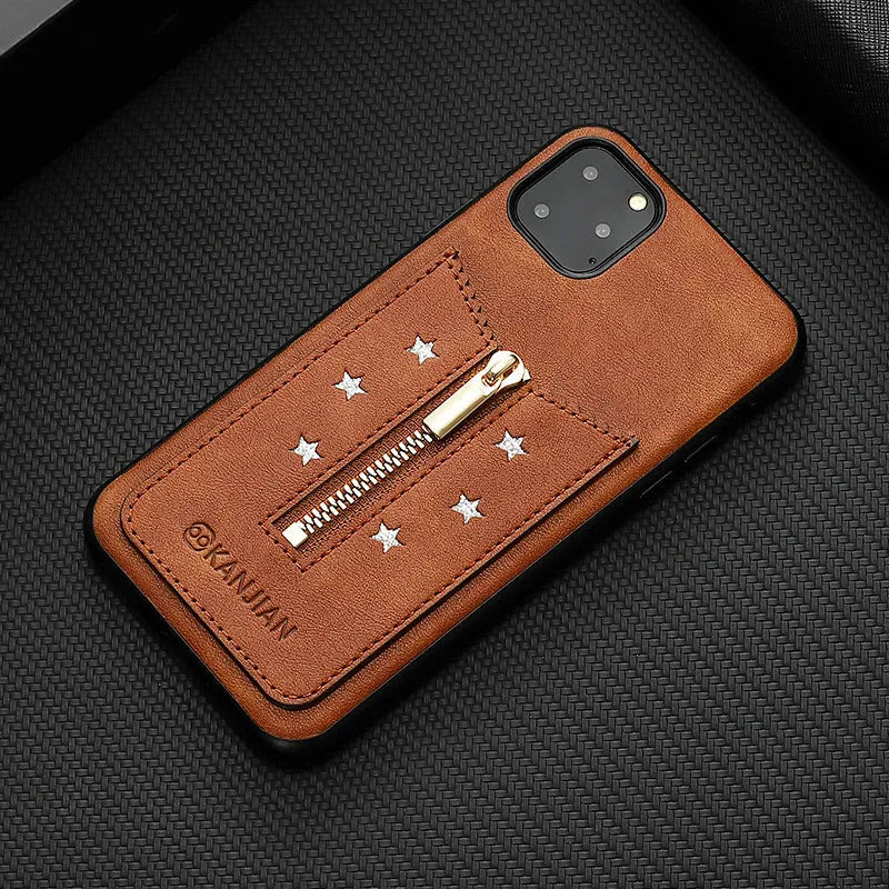Black PU leather zipper phone case for iPhone with anti-fingerprint finish, shown open.