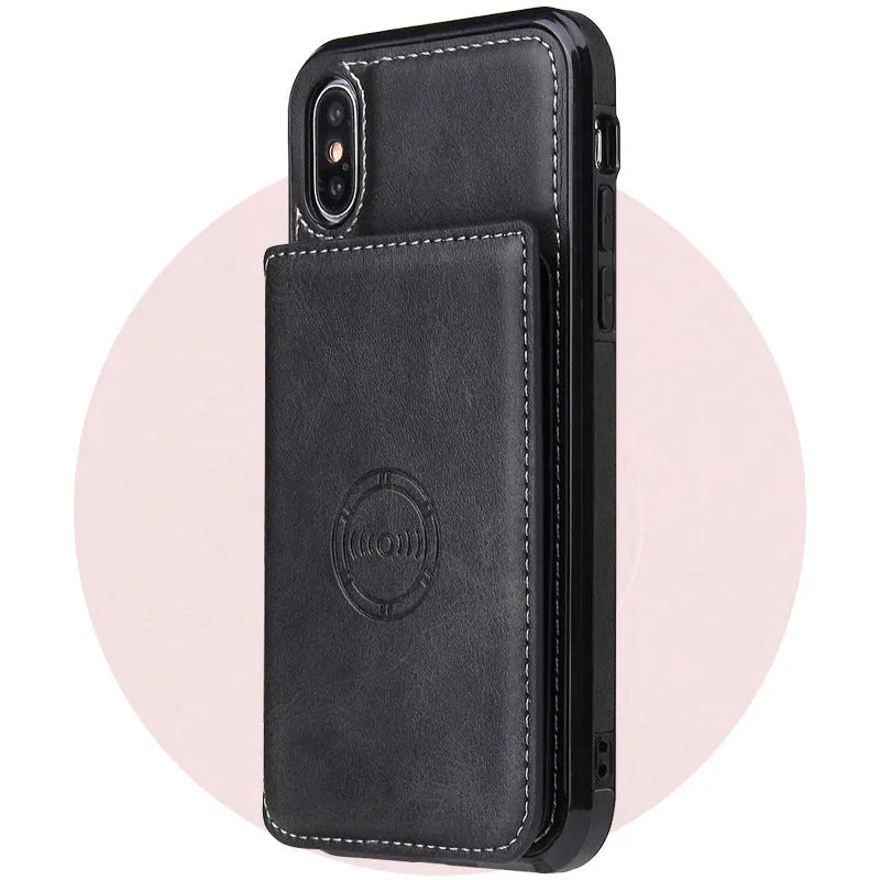 Imitation leather card wallet phone case for iPhone in black, shown with cards inserted.