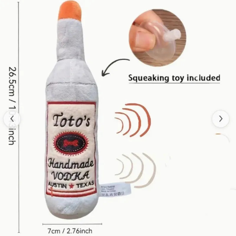 Brown plush dog toy shaped like a wine bottle with a textured surface.