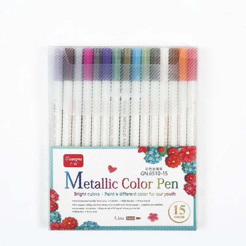 Boxed set of coloured metallic pens with plastic shells for office and stationery use.
