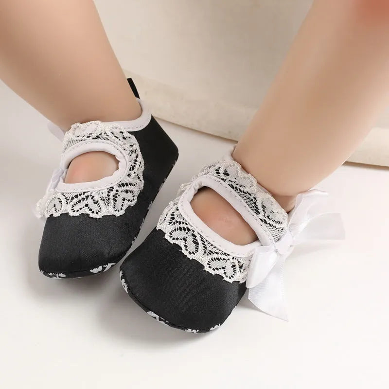 Baby toddler princess shoes with cotton upper, Velcro fastening, and non-slip sole on a white background