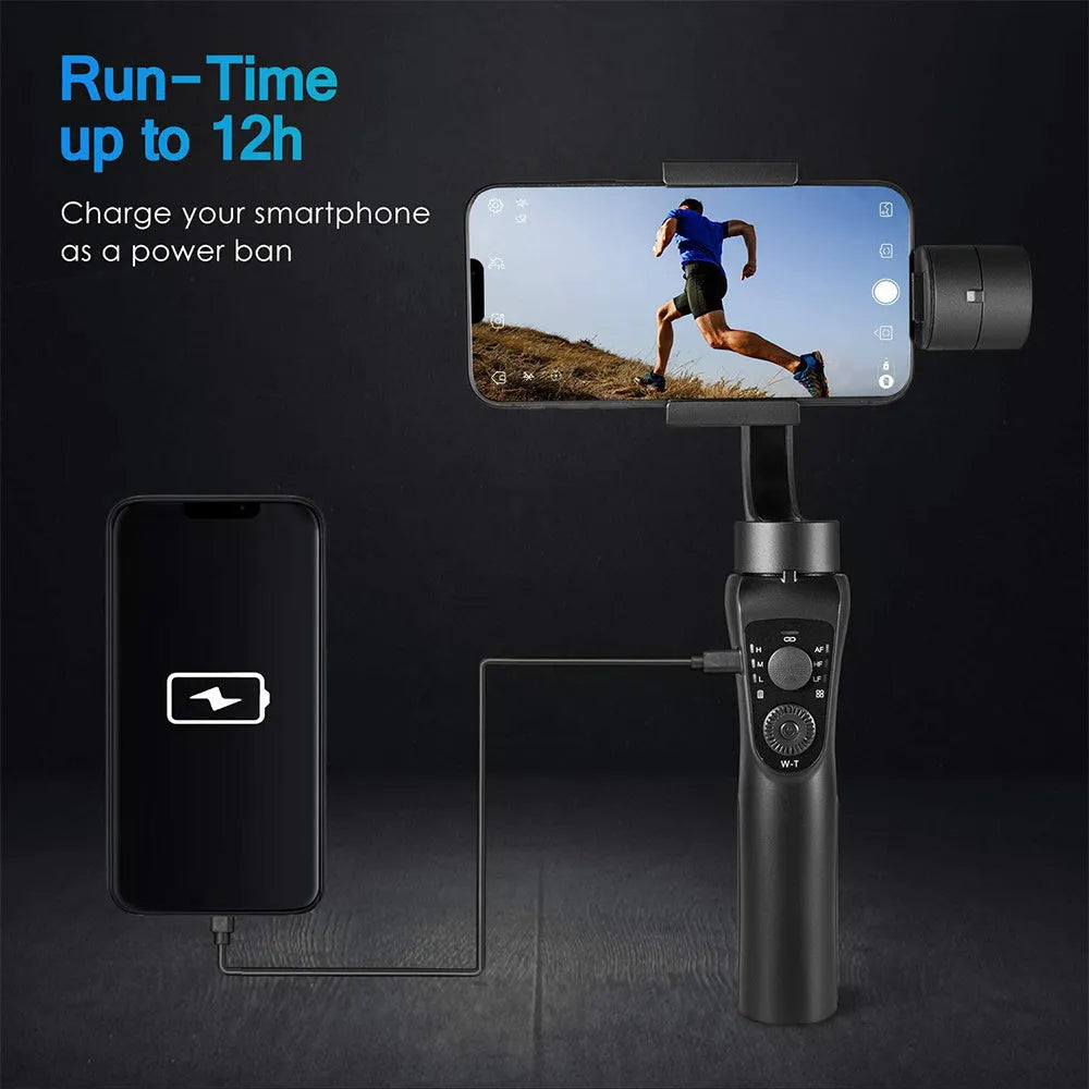 Black three-axis handheld gimbal stabiliser for mobile phone with ABS+PC handle