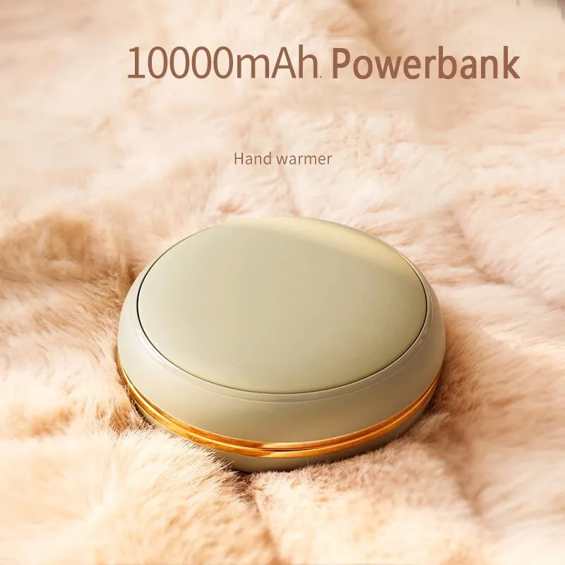Brown portable USB power bank with 10000mAh capacity and hand warmer function showing USB-C port