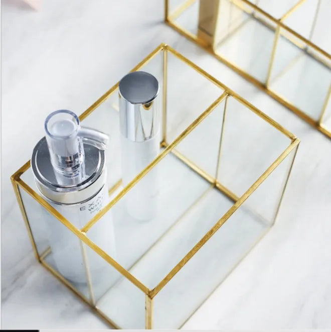 Glass and brass cosmetic storage box, Nordic style, shown as a four box, three box or two box set