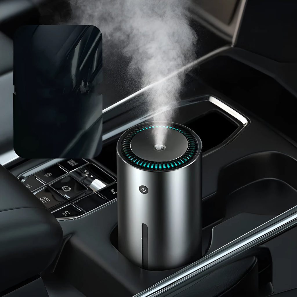 Black aluminium alloy car diffuser humidifier with USB cable for air purification and aromatherapy.