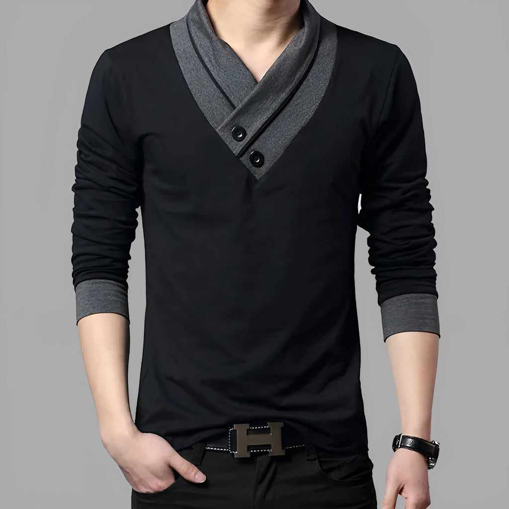 Men's long-sleeved V-neck t-shirt in cotton, slim fit, black colour option for spring and autumn