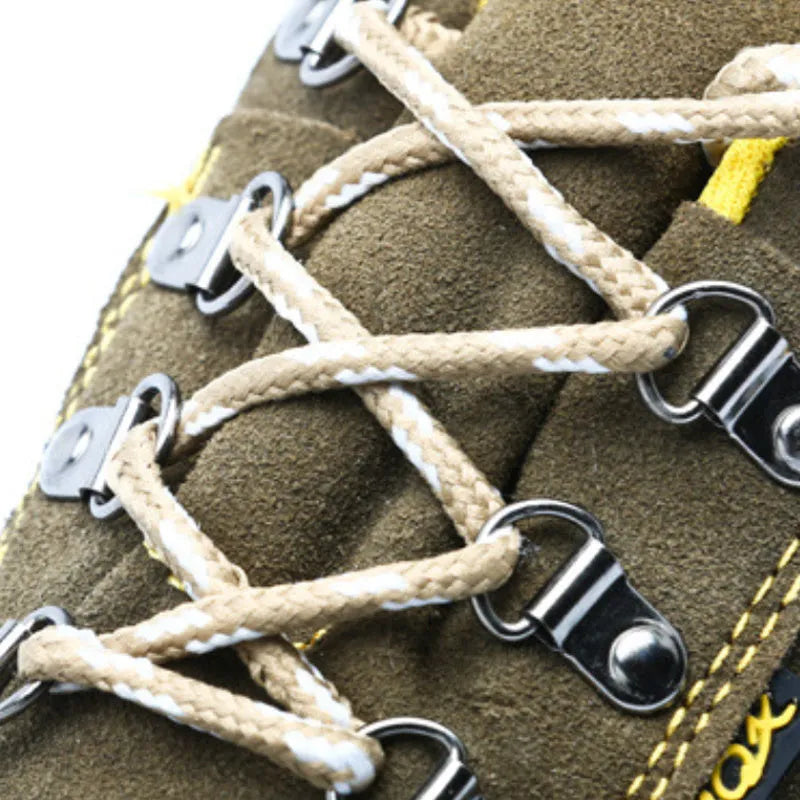 Bronze coloured men's low-cut safety boots with cow suede upper and steel toe cap on anti-slip sole