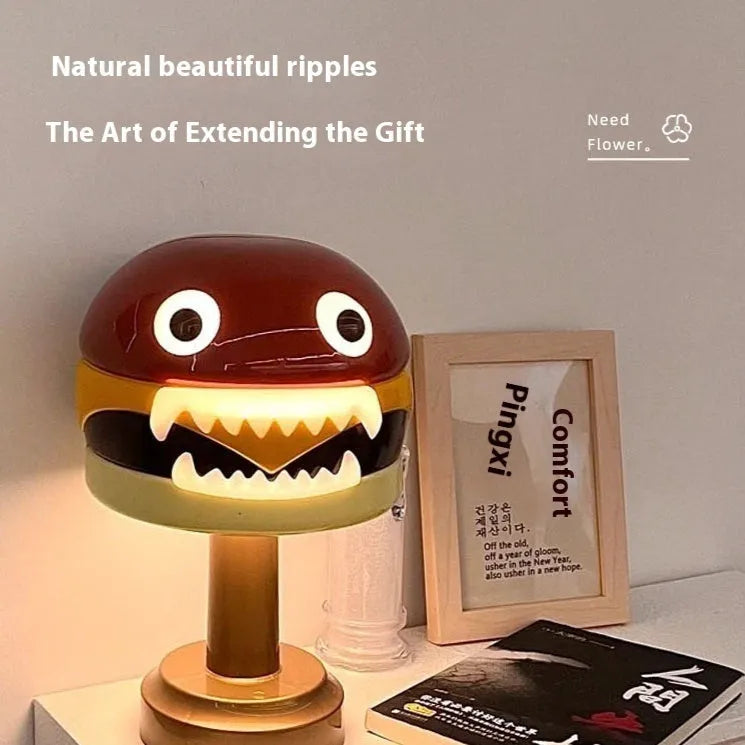 Cartoon hamburger-shaped table lamp with LED, tri-colour dimmable touch switch, 17.5cm x 29cm