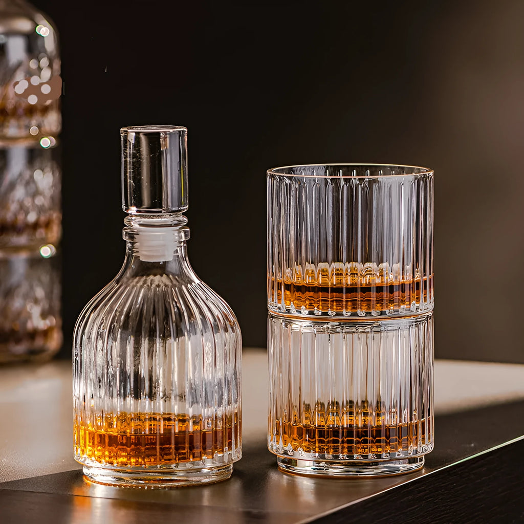 Clear glass whiskey wine set with striped and diamond pattern options on a table