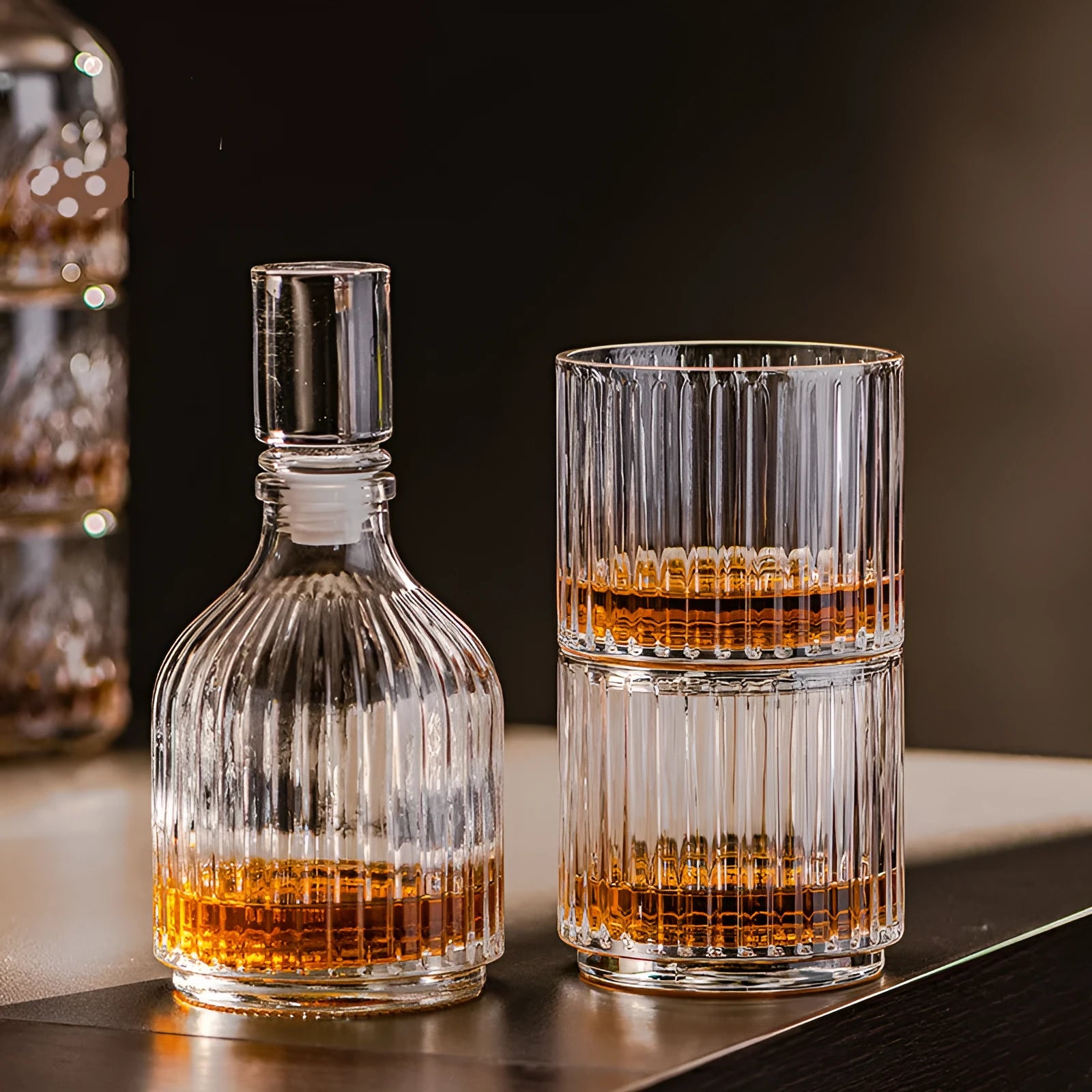 Clear glass whiskey wine set with striped and diamond pattern options on a table