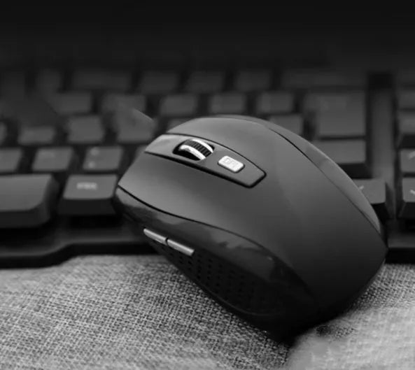 2.4G optical wireless mouse with 1000dpi sensor, six buttons, and four-way roller in black colour