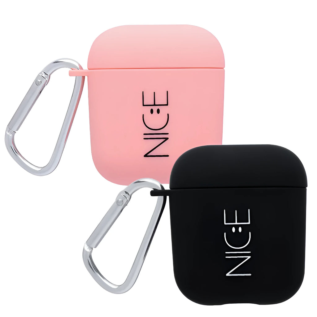 Black and Pink AirPods case covers with Flower, Love, and Smiley face emoji designs.
