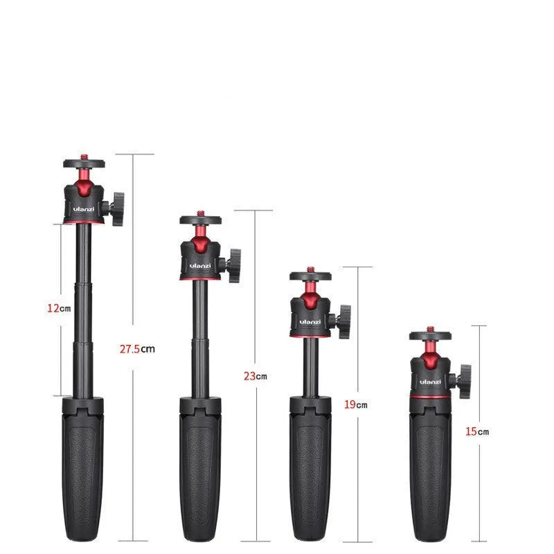 Black and red compact desktop tripod holding a smartphone, with flexible arm extended.