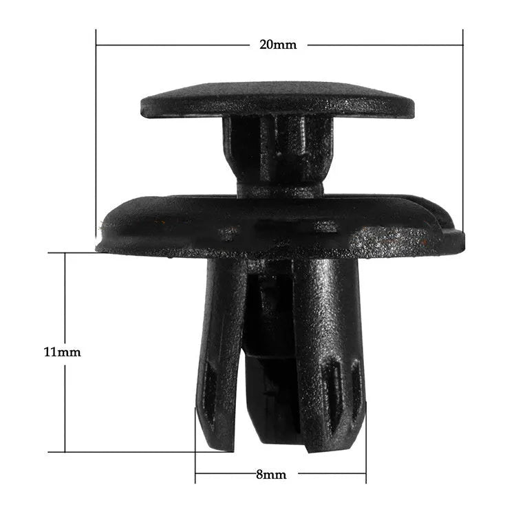 Fifty black plastic automotive rivet fasteners with 8mm hole size and paper clip closure mechanism