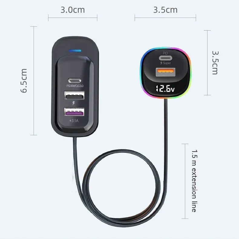 Black plastic YQ5 multi-function car charger with super fast charge plugged into a car socket