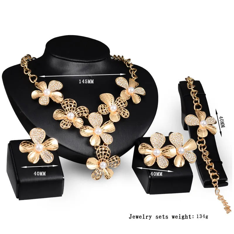 Gold alloy four-piece jewellery set with earrings necklace bracelet plant flower pattern in 18K gold