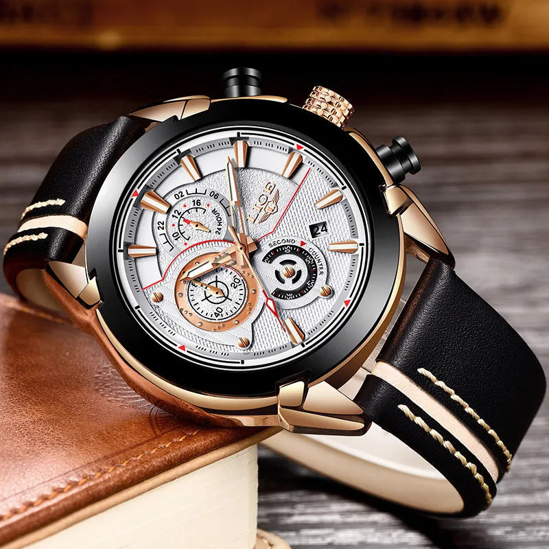 LIGE men's quartz chronograph watch with luminous hands, 45mm stainless steel case, leather band, 3Bar waterproof