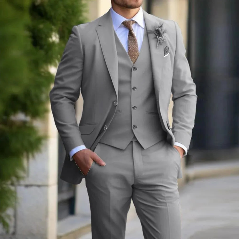 Brand Classic Men three-piece slim fit suit with polo collar in beige, showing blazer, vest, and trousers
