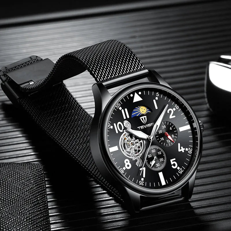 Black men's mechanical watch with moon phase indicator and luminous hands on 41mm alloy case