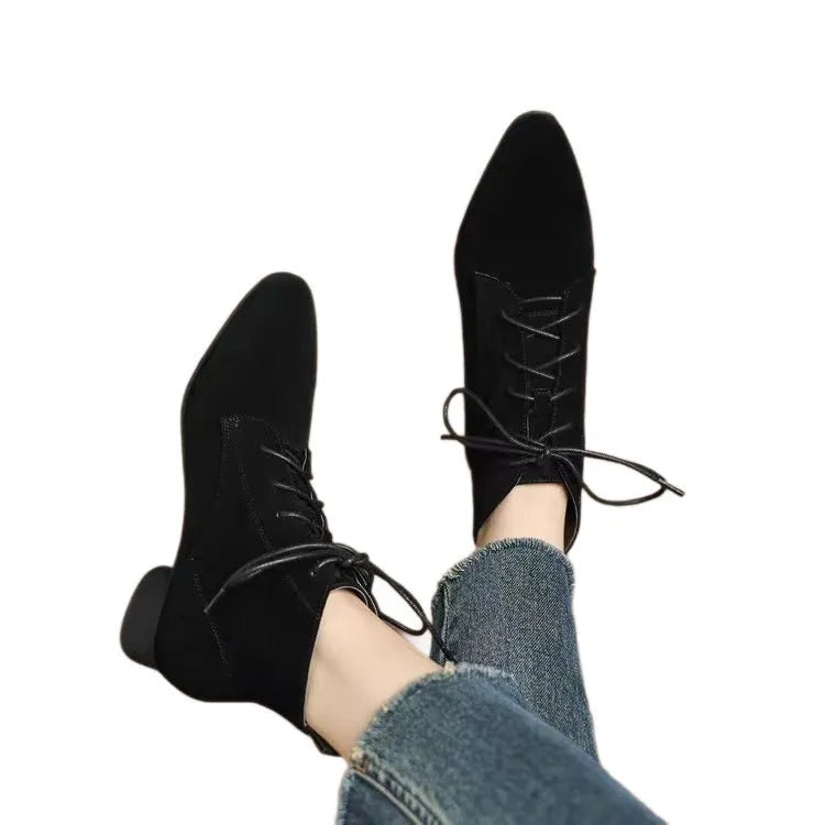 Women's matte pointed low-heel ankle boots in brown with thin fleece lining and block heel