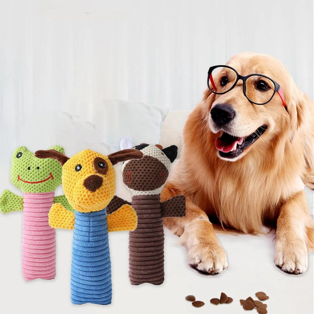 Soft plush squeaky dog chew toy in animal shape with dental cleaning function