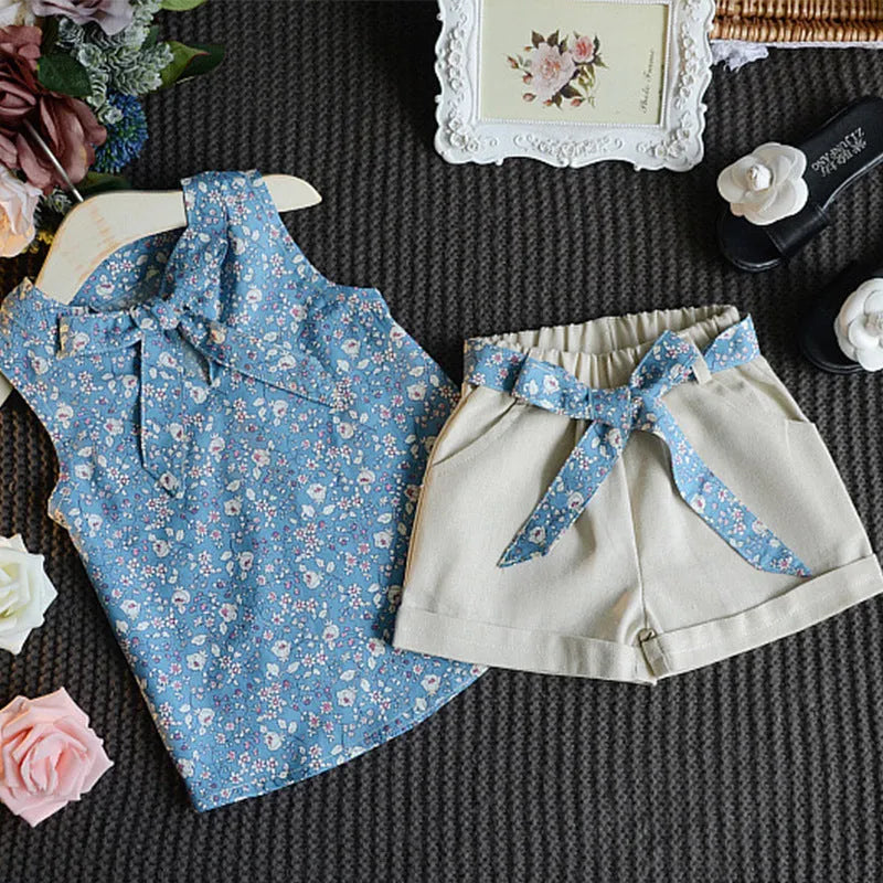 Floral khaki blue sleeveless bow vest and shorts set for girls on white background