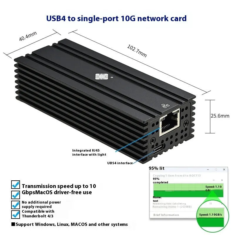 Black USB4 to 10 Gigabit RJ45 Ethernet network adapter with a 20cm cable