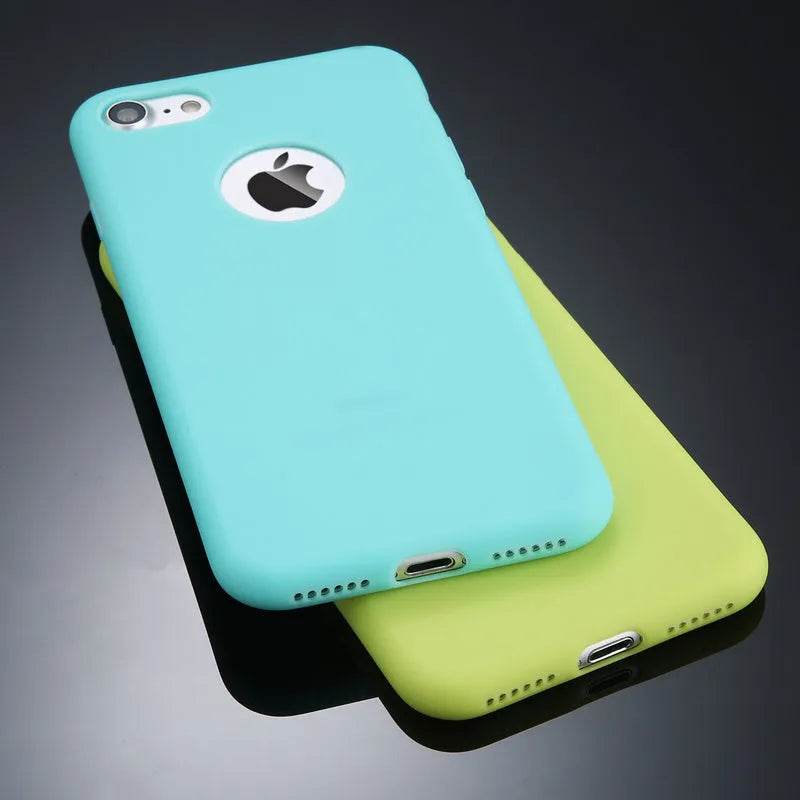 Soft silicon TPU iPhone back cover case in multiple colours including pink, blue, and black.