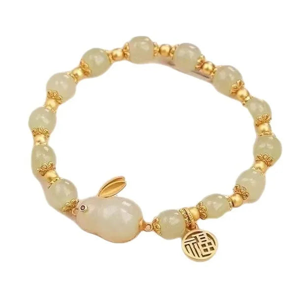 Green Chinese style jade hare bracelet for women with electroplating treatment and lily decorative elements