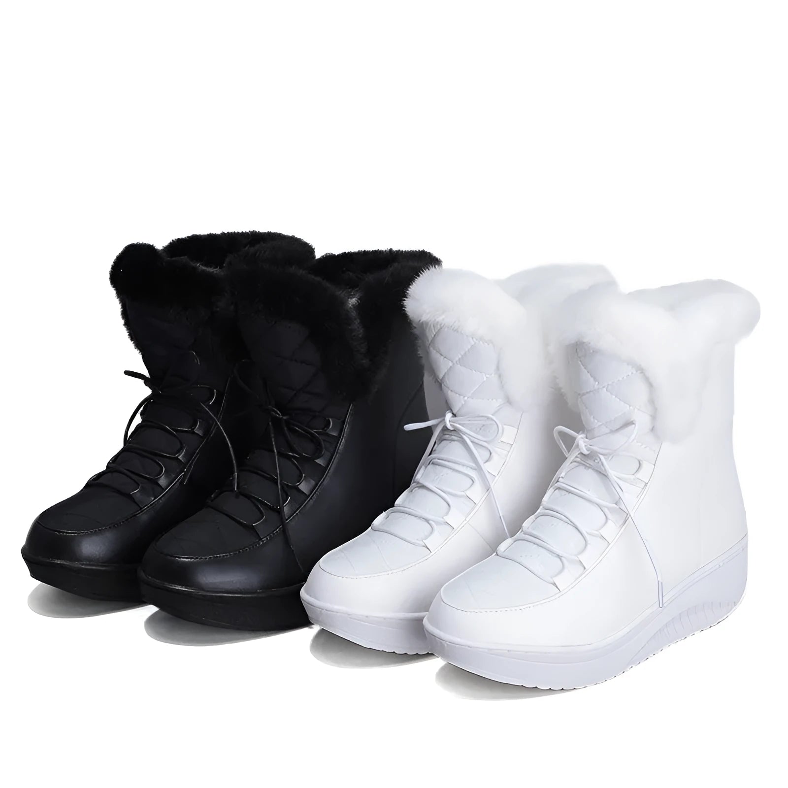 Women's black lace-up platform winter boots with a water-resistant finish.