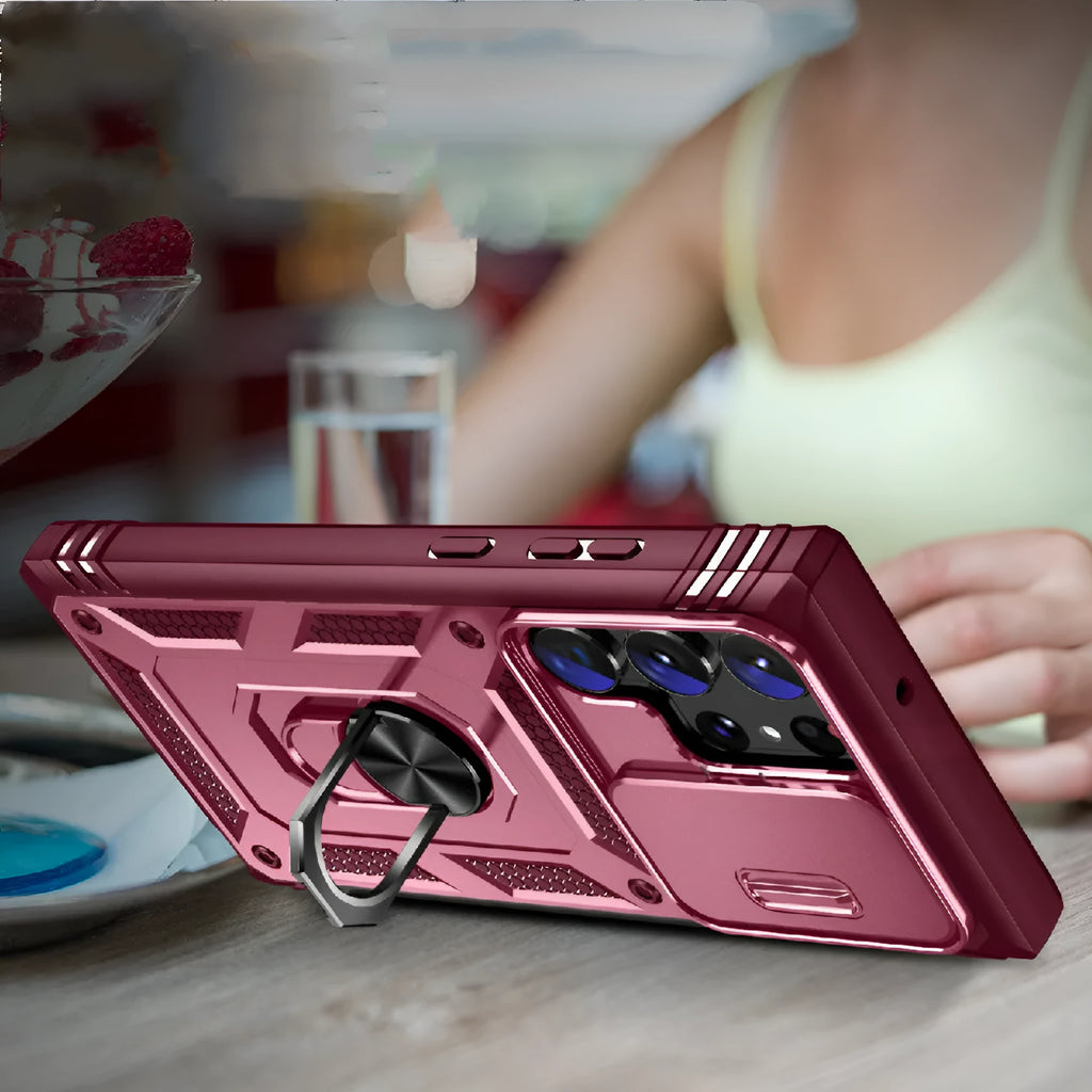 S24 Ultra phone case with sliding window bracket, PC drop-resistant cover, multiple colours