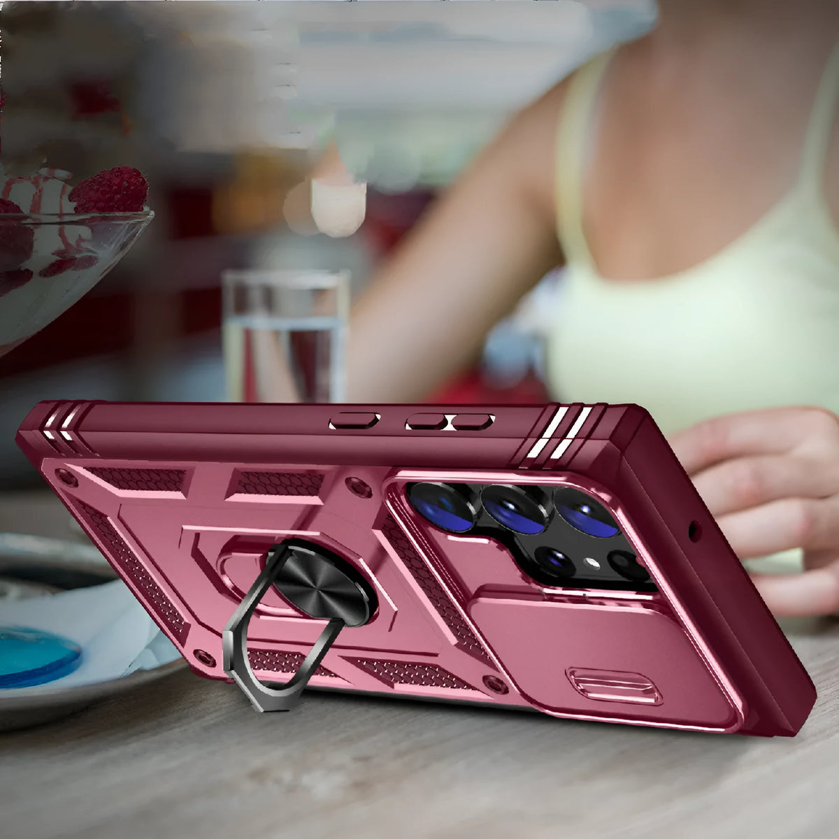 S24 Ultra phone case with sliding window bracket, PC drop-resistant cover, multiple colours