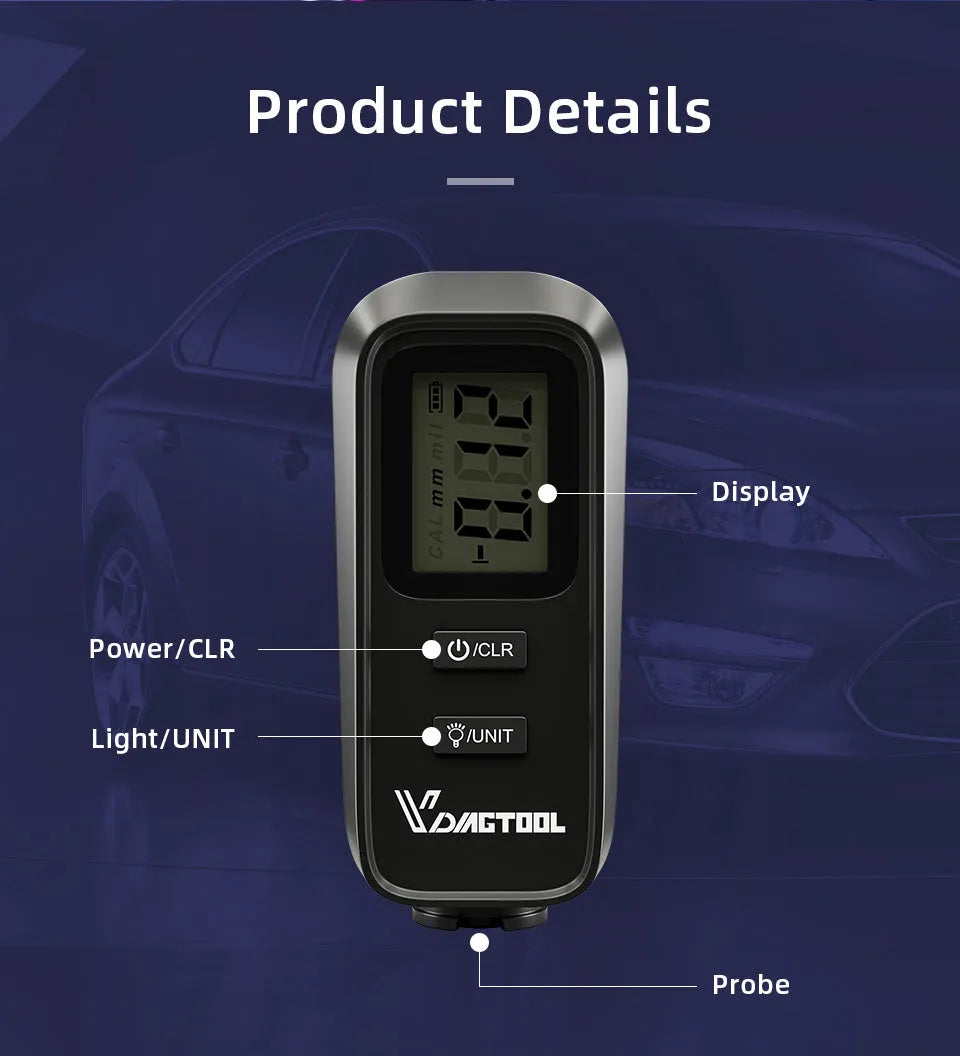 Black plastic automotive paint coating thickness gauge on white background