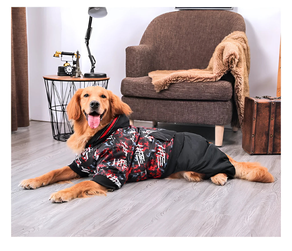 Large dog cotton printed coat in 3XL to 7XL sizes with neckline, bust, and back length measurements