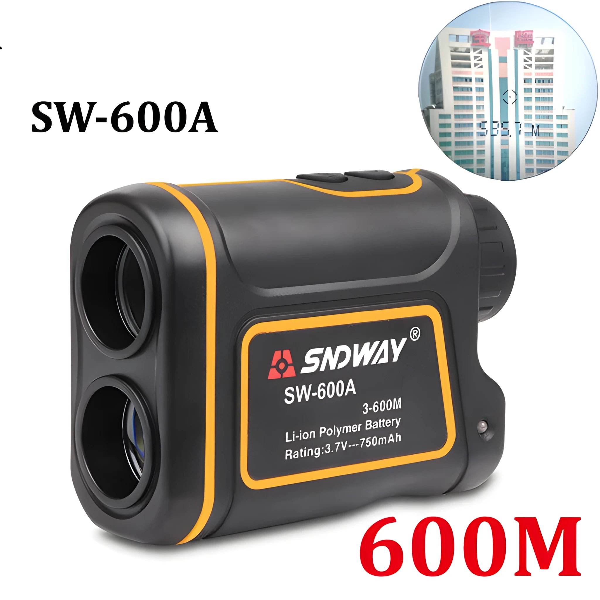 Handheld golf rangefinder device showing compact 104mm x 76.5mm x 41mm size with display screen