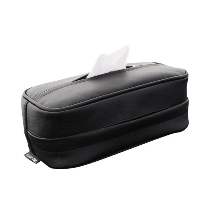 Black leather hanging storage box with a zip and PU strap, shown next to a beige medium sized box.