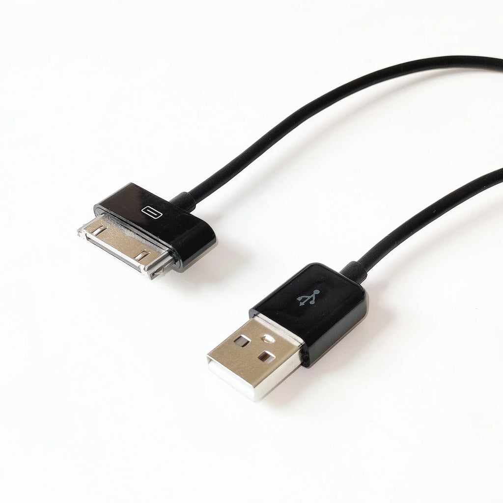 Black 1 metre data and charging cable for tablet on white background