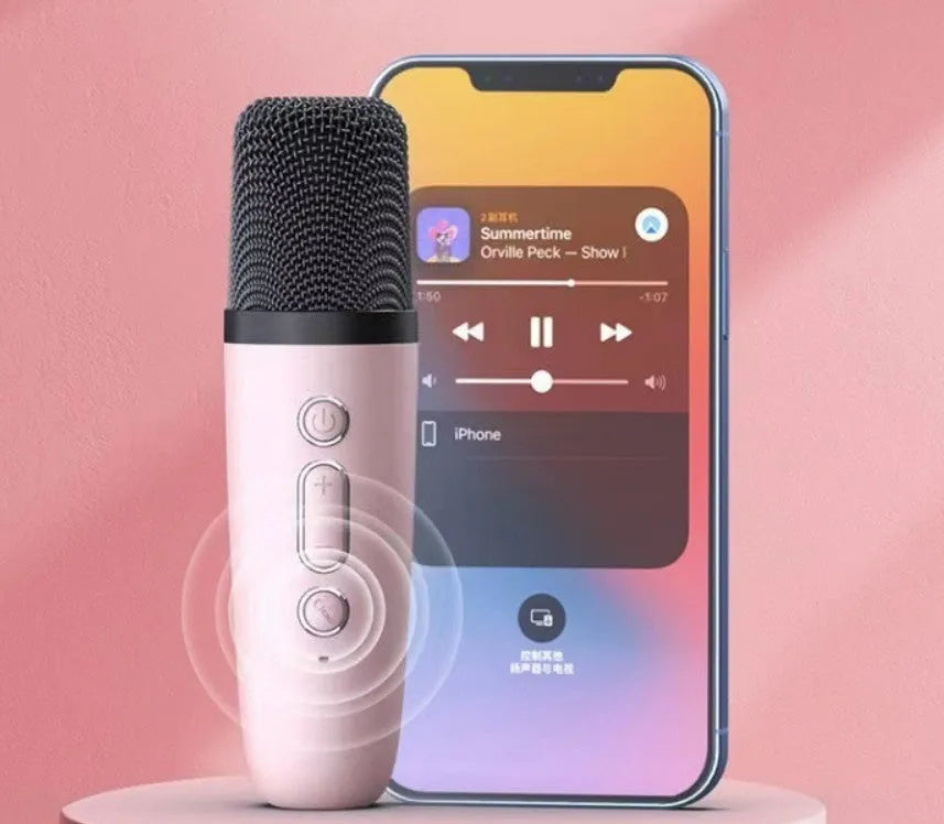 White portable Bluetooth karaoke speaker with coloured lights and a handheld microphone.