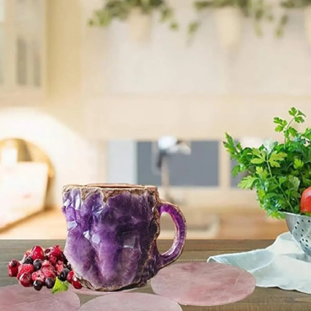 400ml resin mineral crystal coffee mug with handle, 10cm high, purple colour, on a table