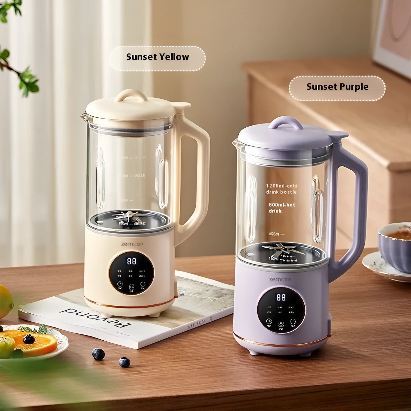 Automatic soya milk maker with glass jug in milky white colour on a kitchen countertop.