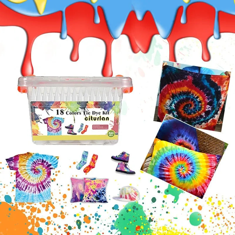 Children's 18 colour tie dye powder set with 30ml bottles, accessories and storage box