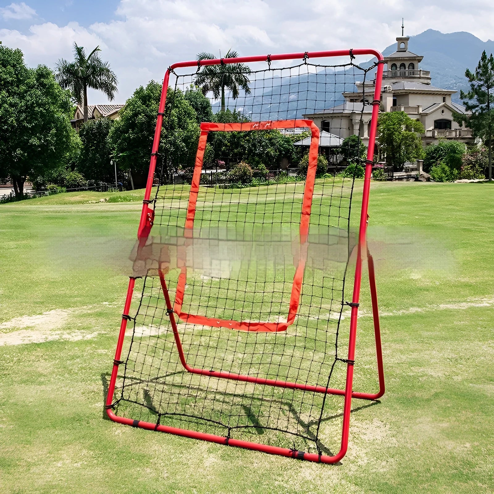 Red steel frame adjustable baseball training net for multi-sport practice in backyard setting