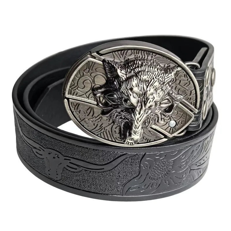 Men's casual all-match smooth buckle belt in Black Wolf Head, imitation leather with alloy buckle, 120cm length