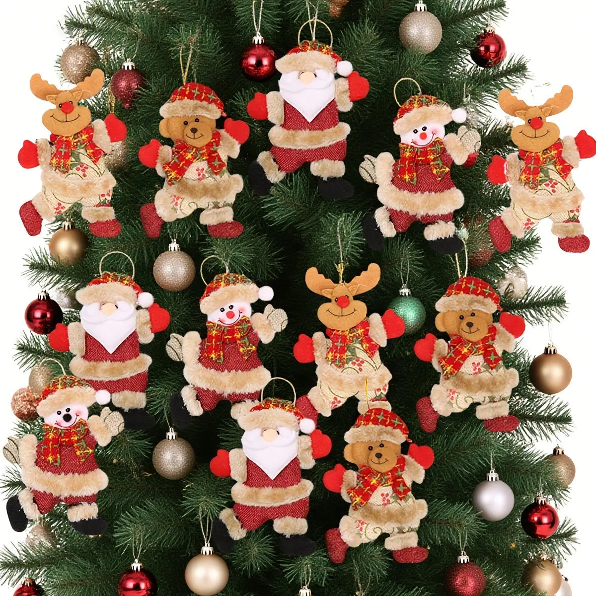 Set of four Christmas tree ornaments featuring Santa, snowman, reindeer and bear figures with red and white scarves