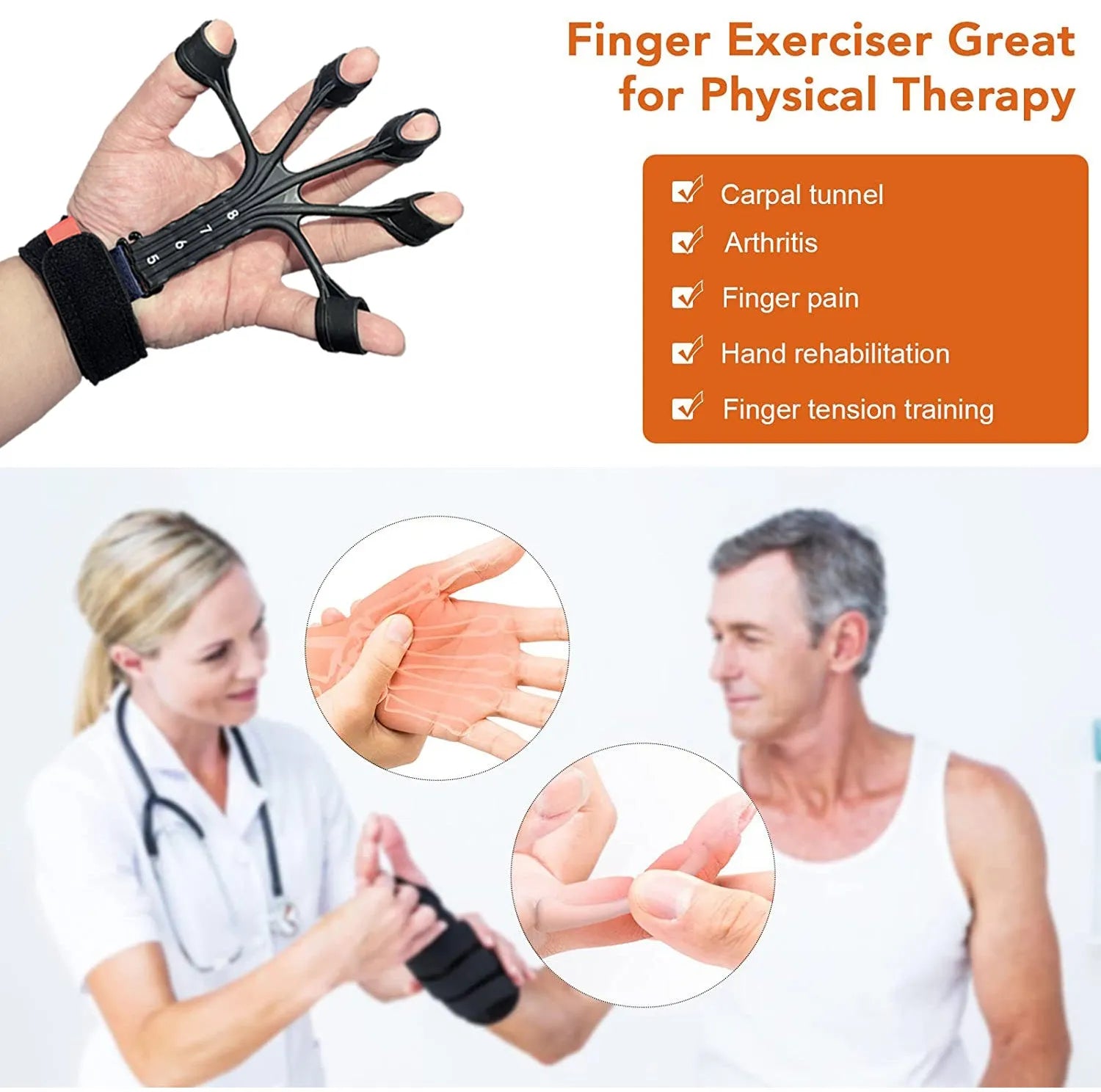Black and grey silicone finger flexion trainer with adjustable abdominal tension belt.
