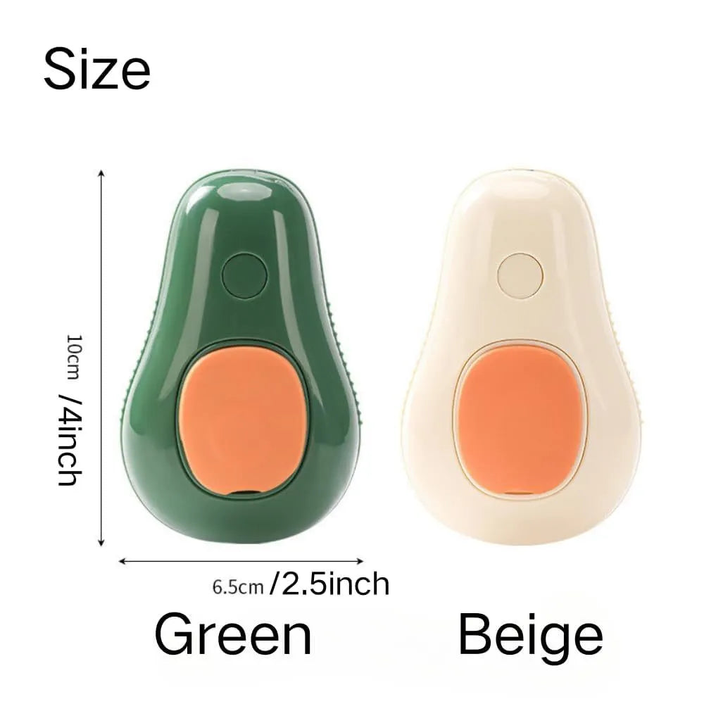 Green and white 3-in-1 cat steam brush with silicone bristles and water spray nozzle.