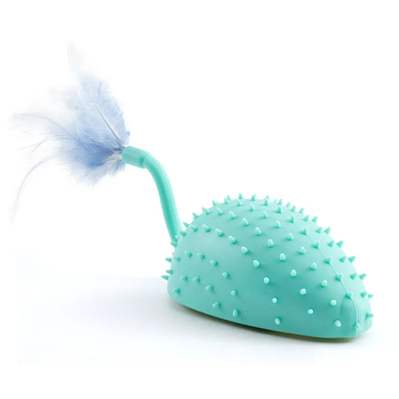 Remote control smart charging silicone mouse cat toy in cyan with feather attachment and USB cable