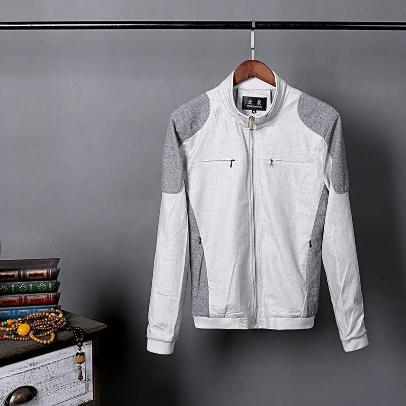 Men's thin cotton linen jacket in blue, displayed on a hanger