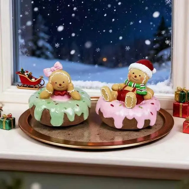 Hand drawn cartoon resin Christmas gingerbread man ornament with green bow design on white background